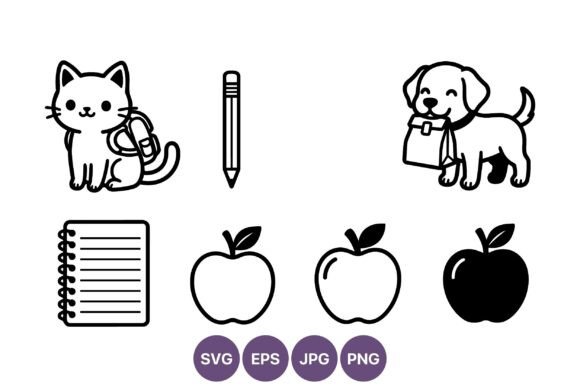 Black White School Icons Cat Dog Pencil