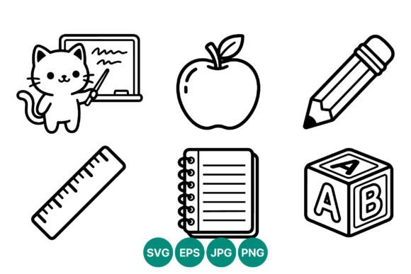 Cute Cat Teacher School Supplies Icons